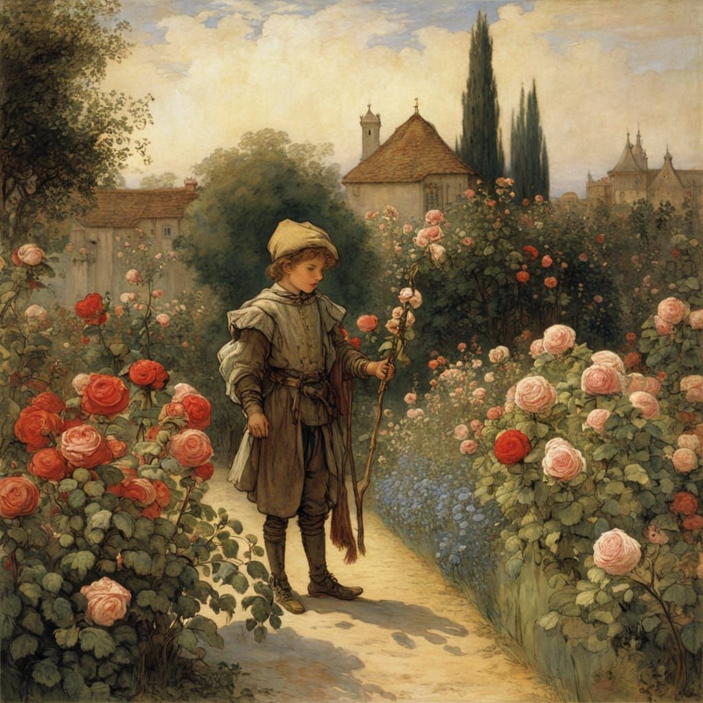 A Young Knight Amidst a Vibrant Rose Garden in a Fairytale M...