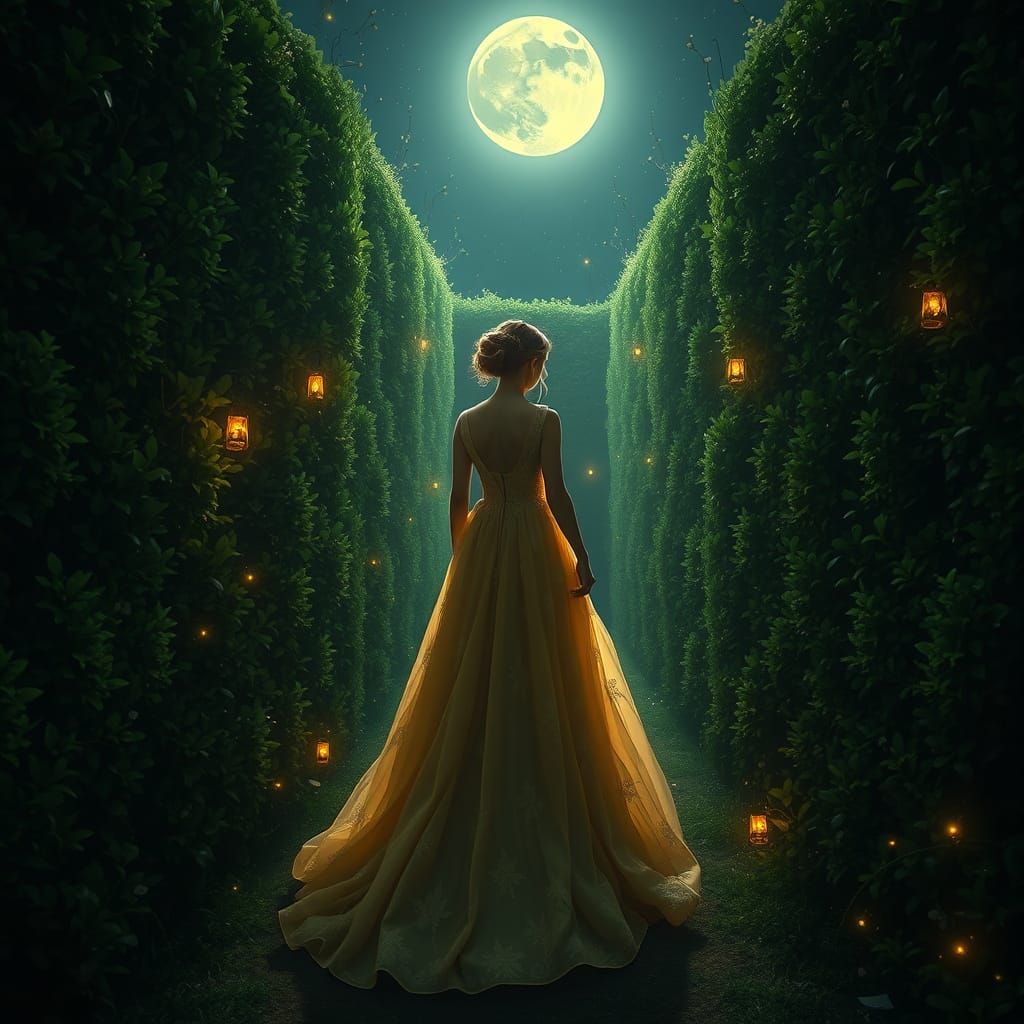 Maiden in Golden Gown Wanders Mystical Hedge Maze