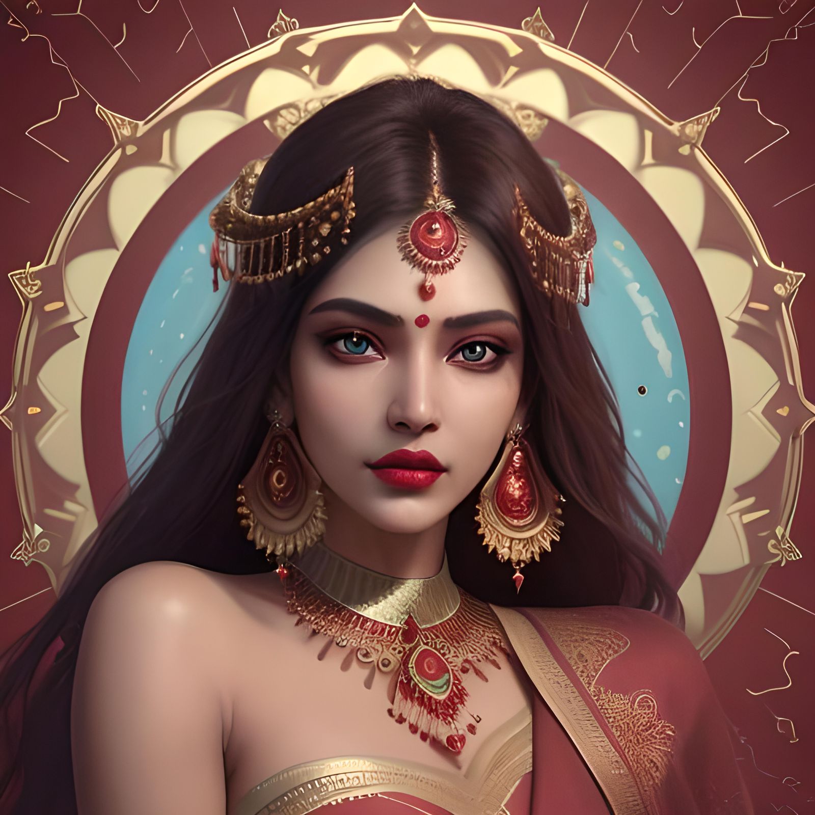 Beautiful Indian Woman in Red and Gold Saree, 3D Render