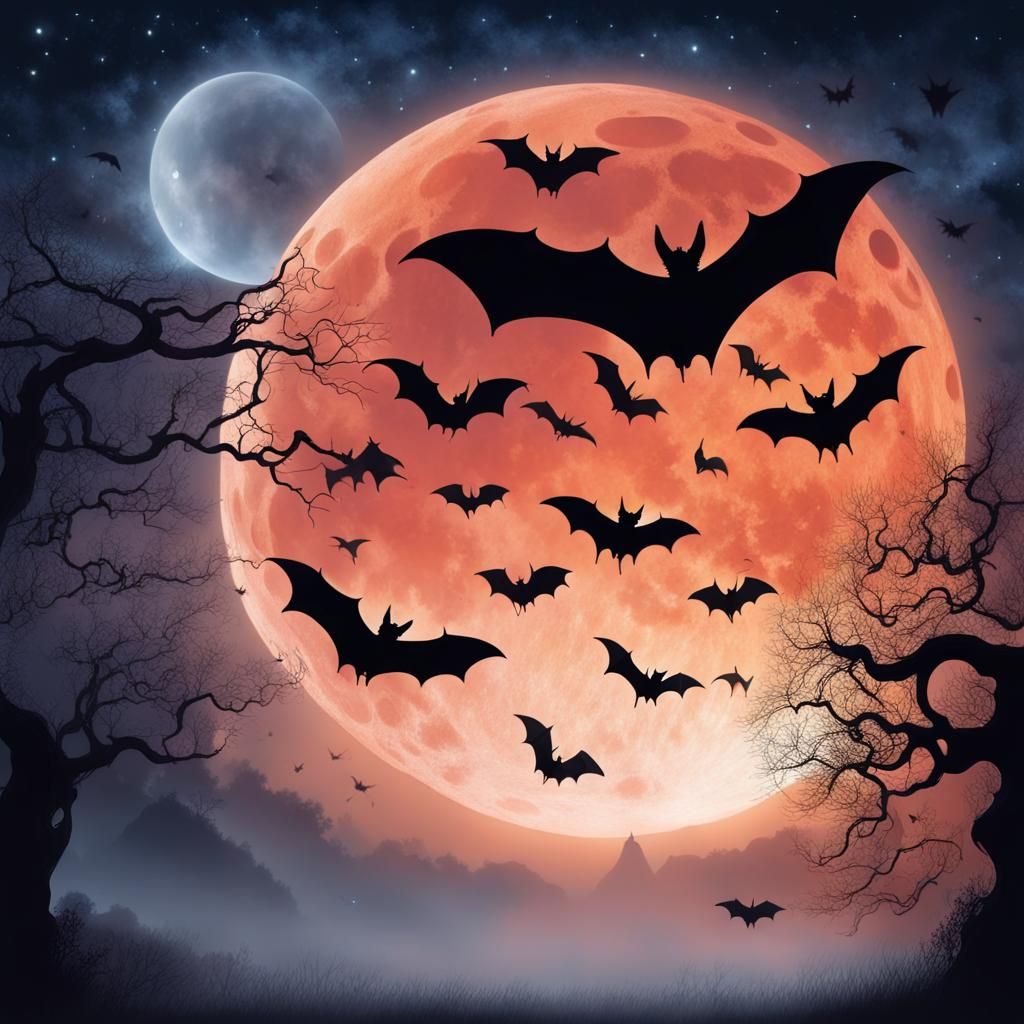 Bats in Ethereal Lunar Eclipse Night Sky