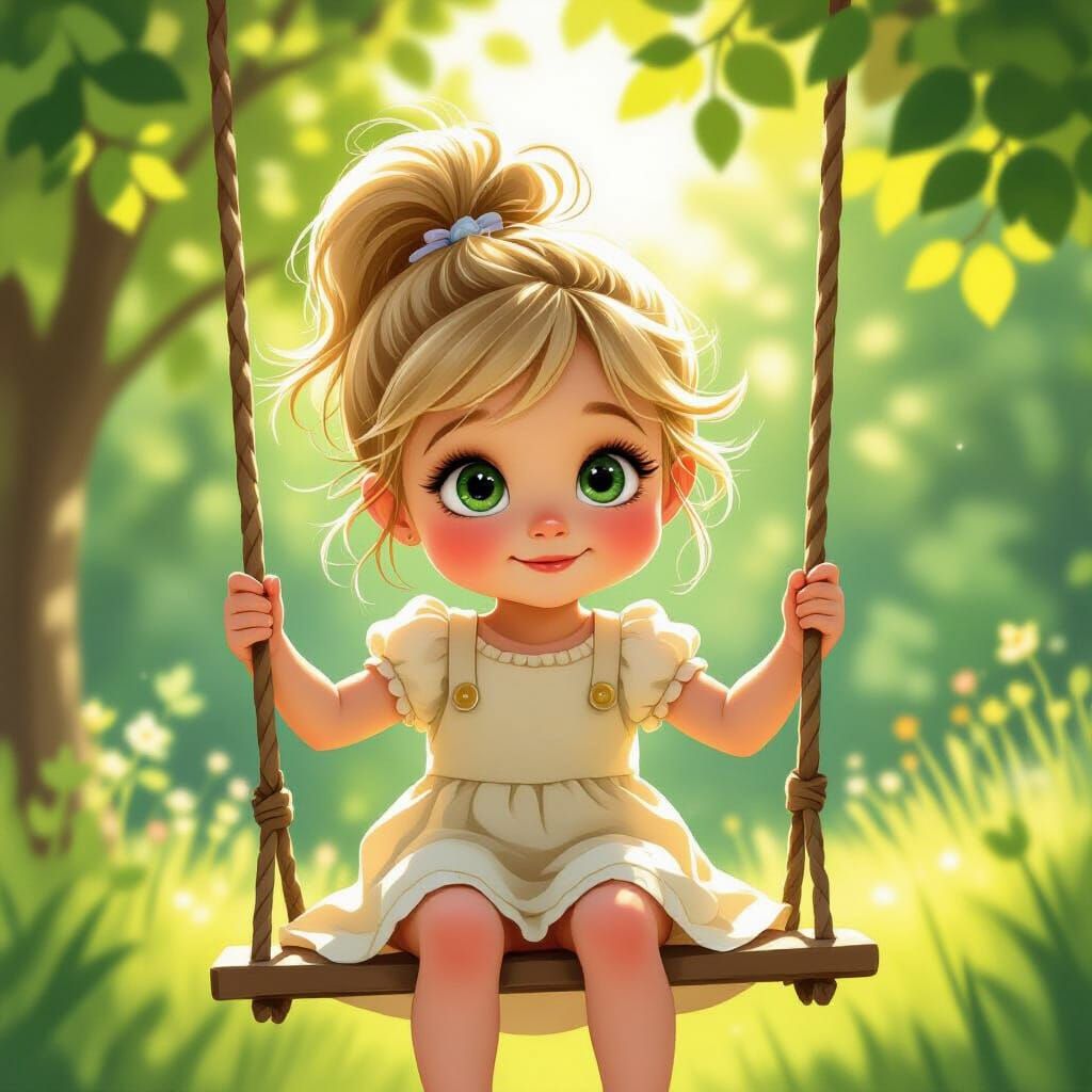 Whimsical Girl on Swing in Storybook Style