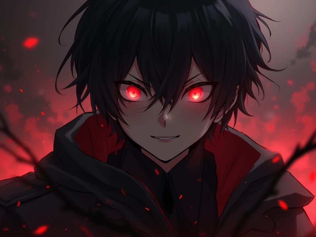 Evil Anime Boy Portrait with Glowing Red Eye