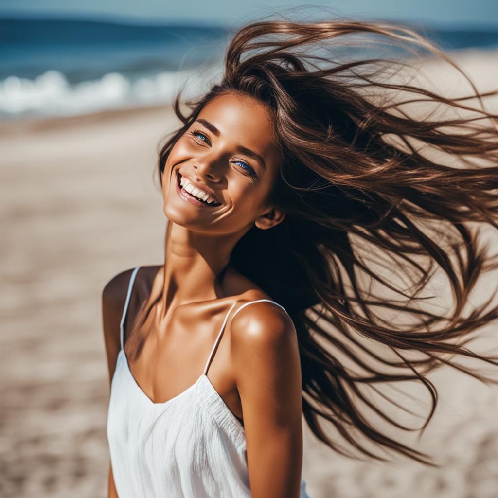 Sensual Brunette on Beach in Impressionist Style