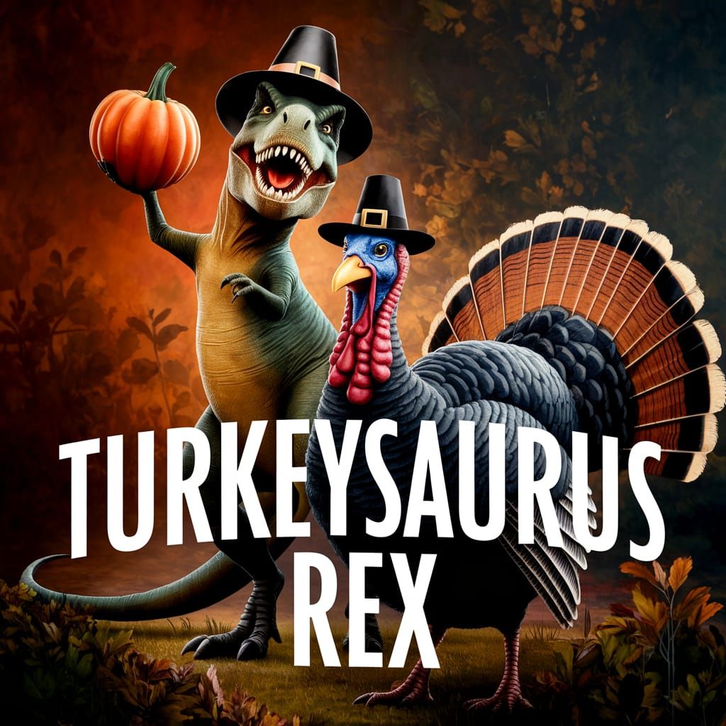 Whimsical Thanksgiving Scene with T-Rex and Turkey in Pilgri...