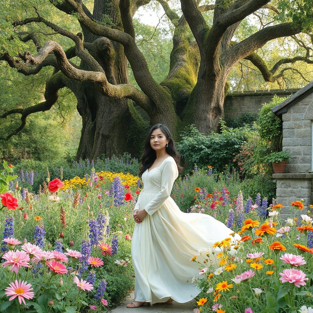 Woman in Lush Garden, Photorealistic Watercolor Style