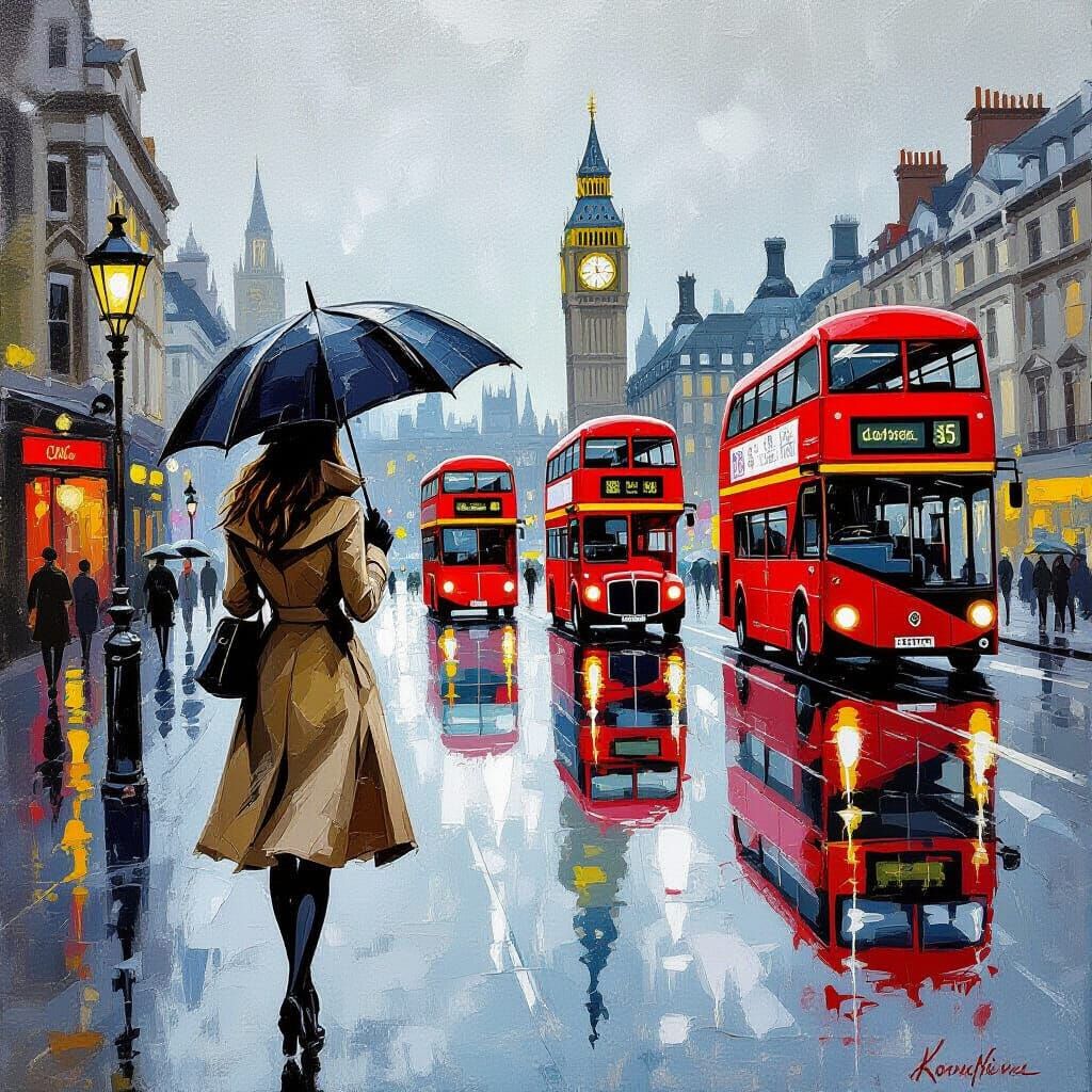 Rainy London Street Scene in Impressionist Style