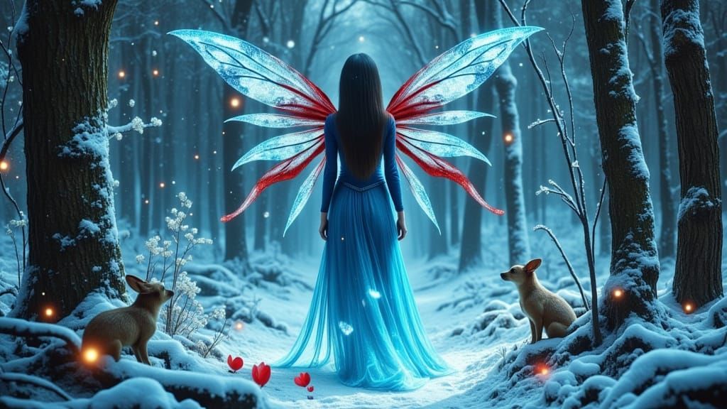 Azure Fairy in Snowy Forest, Art Nouveau Style