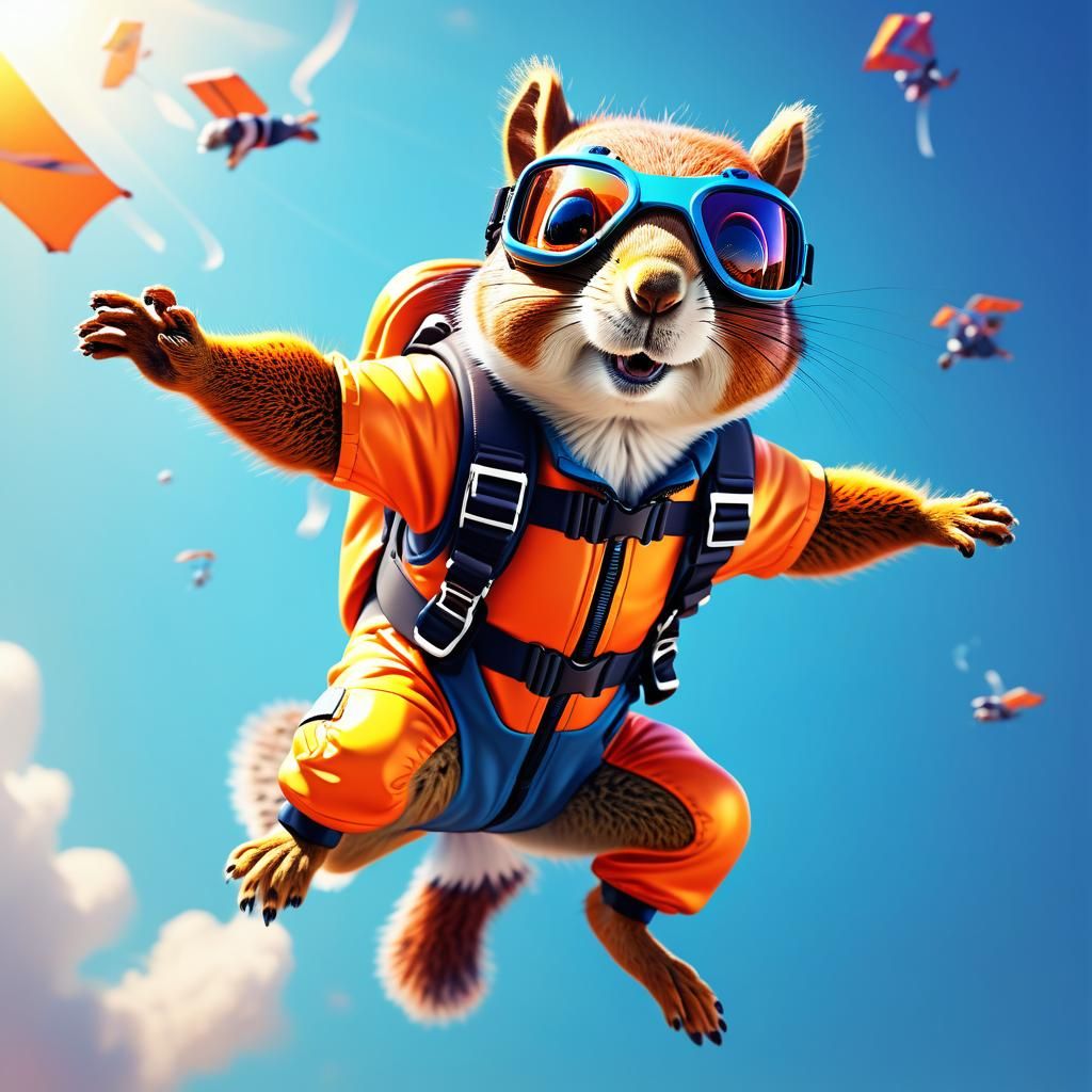 Squirrel Skydiving: Vibrant Digital Painting in 3D