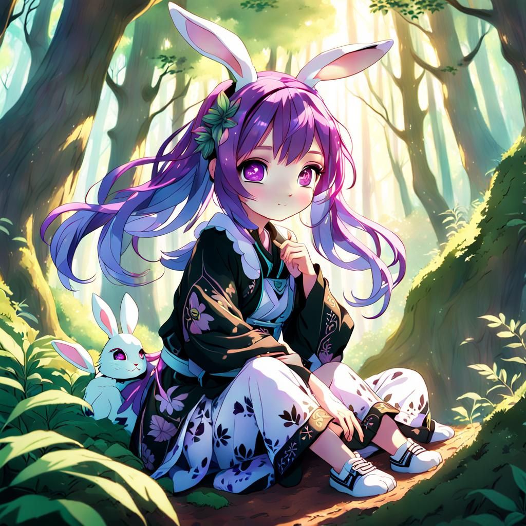 Anime Rabbit Girl in Lush Forest Fantasy Art