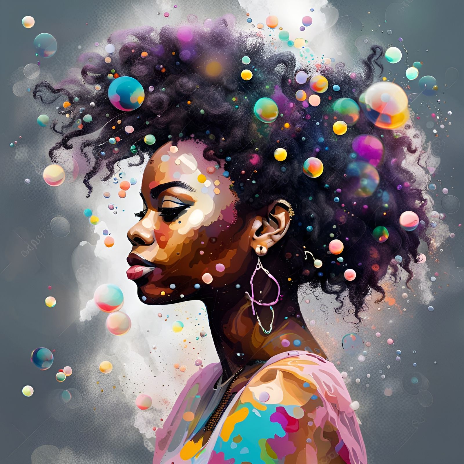 African Woman with Bubble Hair, Oil Painting Style