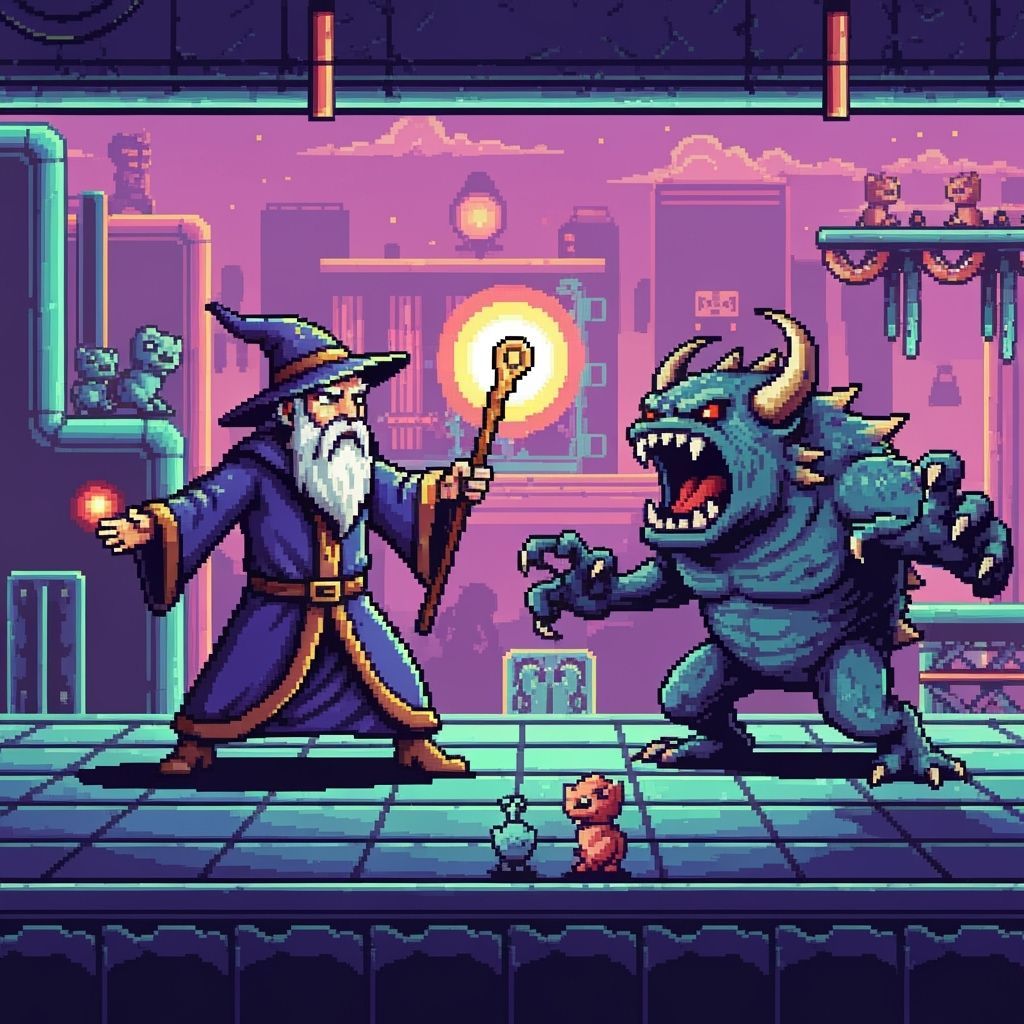 Wizard vs Monster in Retro 8-Bit Pixel Art