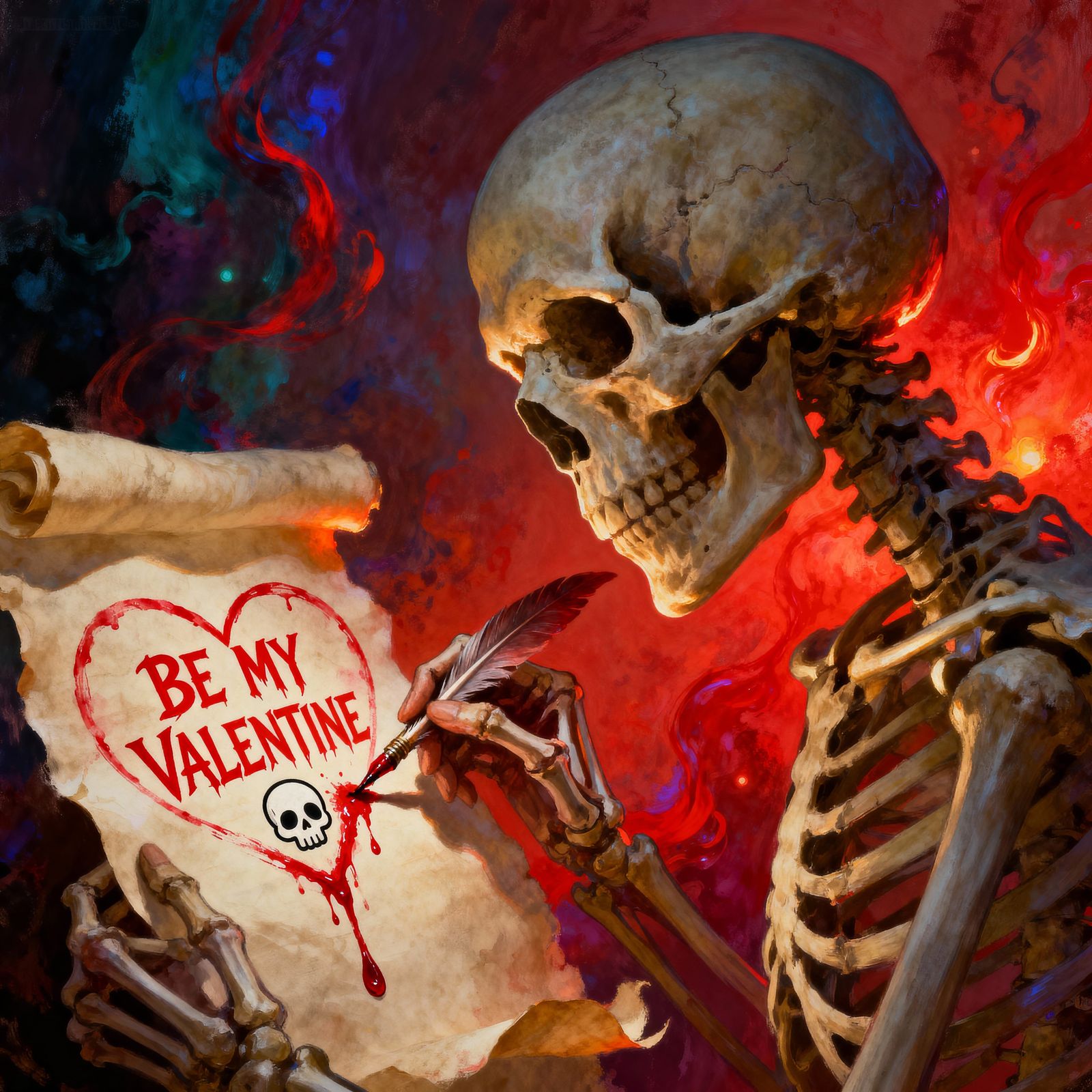 Skeleton's Macabre Valentine Message in Splash Art Style