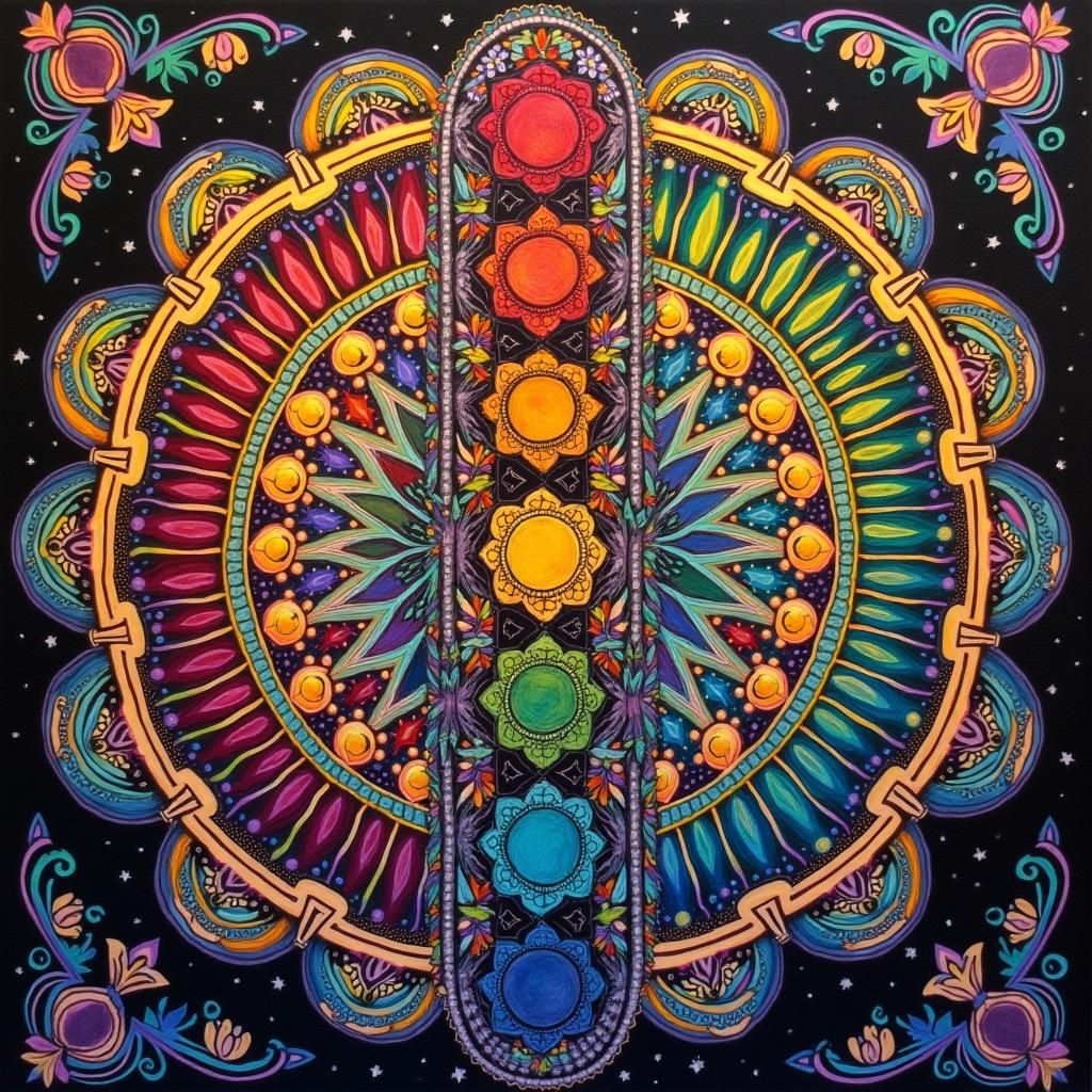 Chakra Symbols with Mandala Background in Mixed Media
