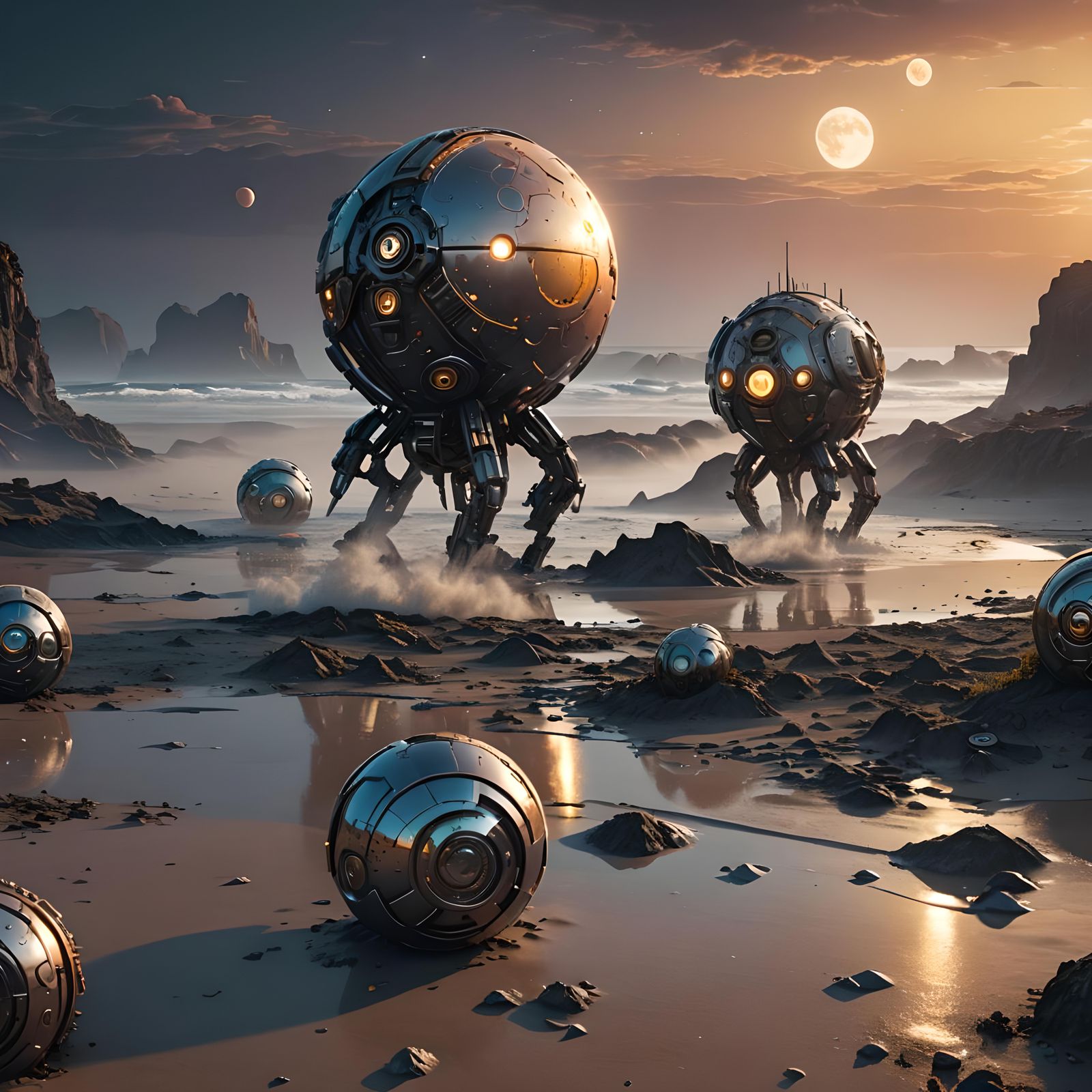 Surreal Sunset with Moons in 3D, Hyperrealistic