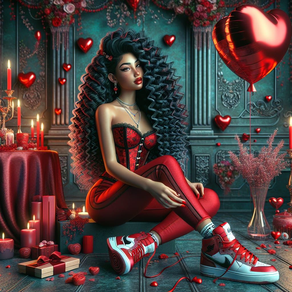 Elegant Latina Woman in Valentine's Day Fantasy Scene