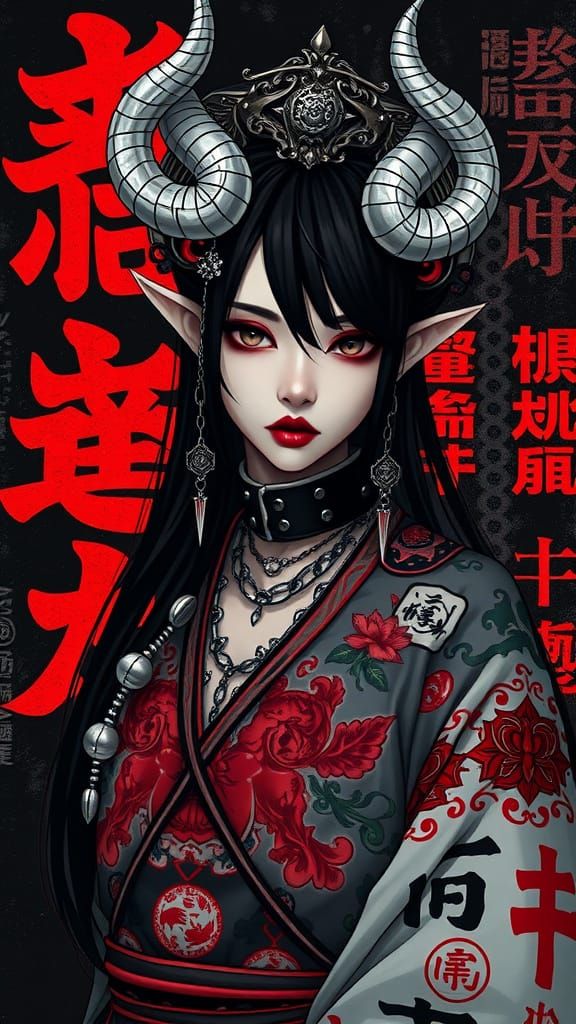 Gothic Oni Woman with Silver Horns in Hyper-Realistic Anime ...