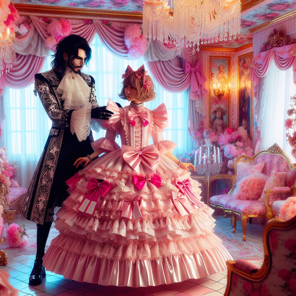 Demon King Adjusting Maid Outfit in Pink Room