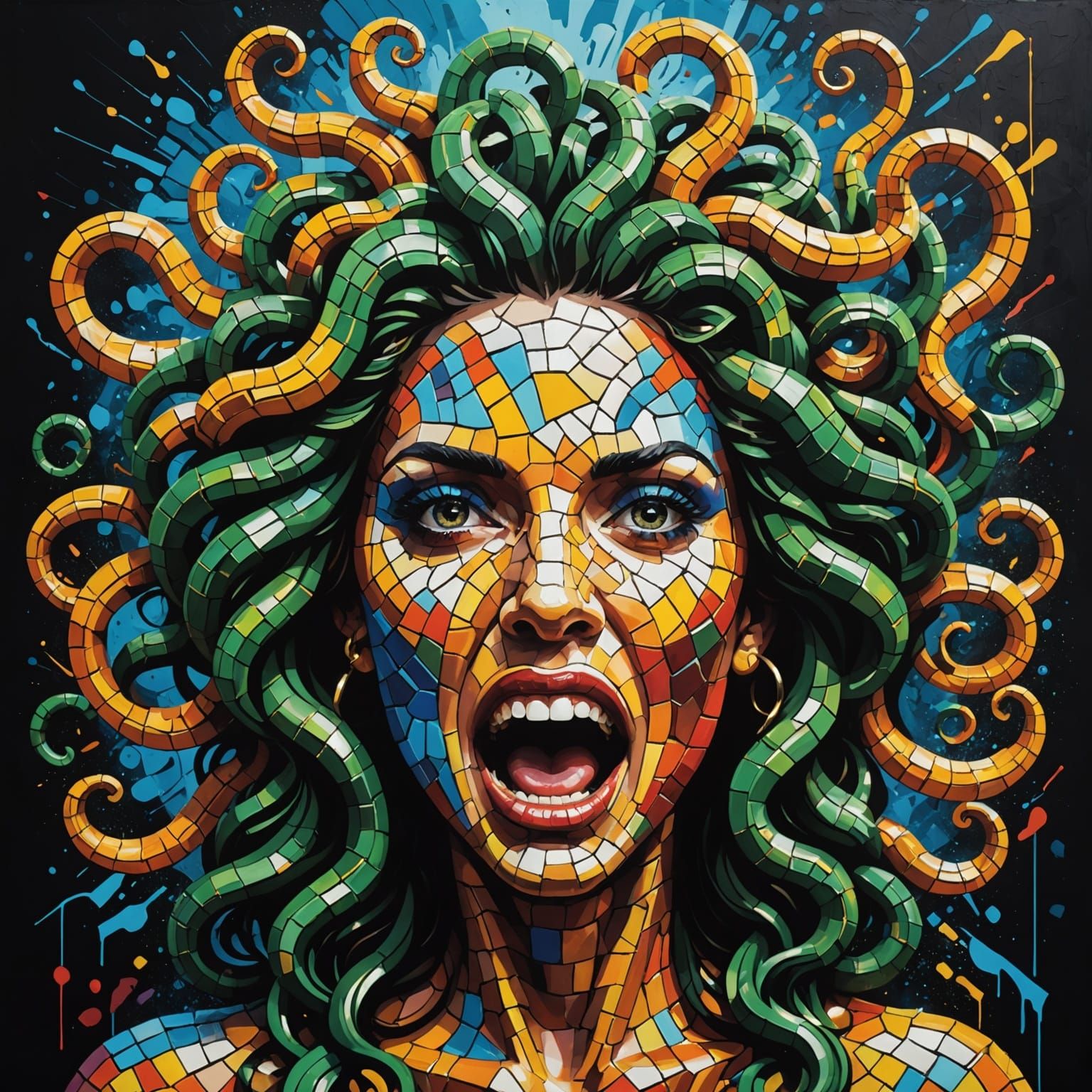 Vibrant Mosaic Portrait of a Medusa in Agony