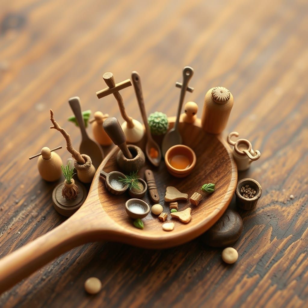 Miniature Culinary World in Wooden Spoon, Studio Ghibli Styl...