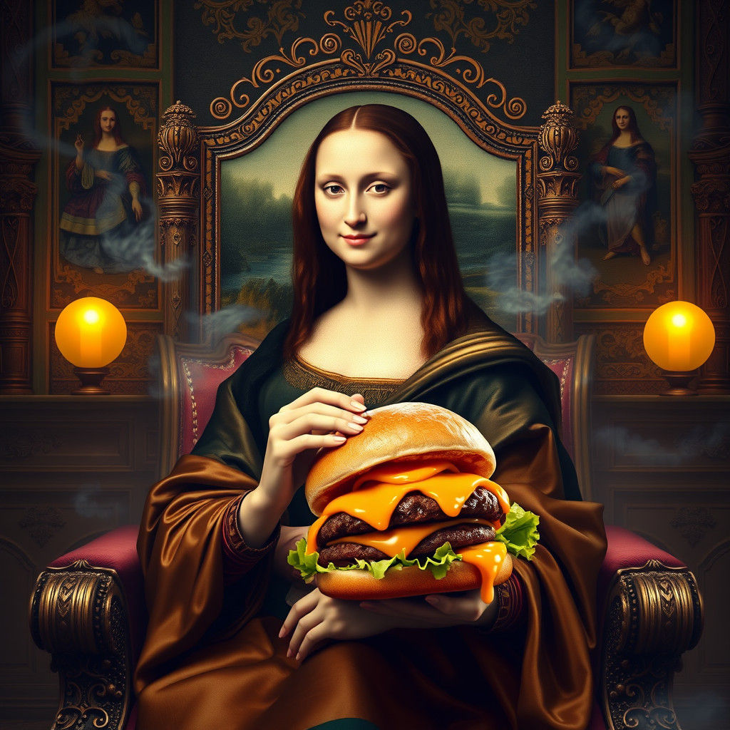 Mona Lisa's Enigmatic Cheeseburger in Baroque Setting