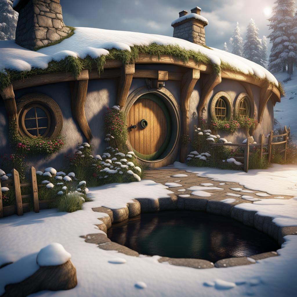 Snowy Hobbit Home Surrounded by Wolves