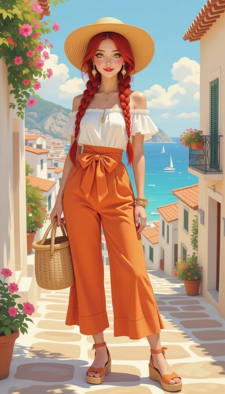 Japanese Woman in Mediterranean Town, Art Nouveau Style