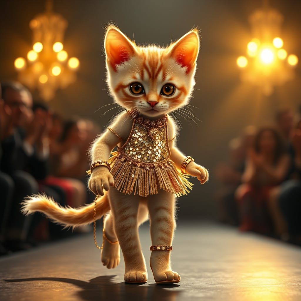 Hyper-Realistic Kitten in Golden Glamour