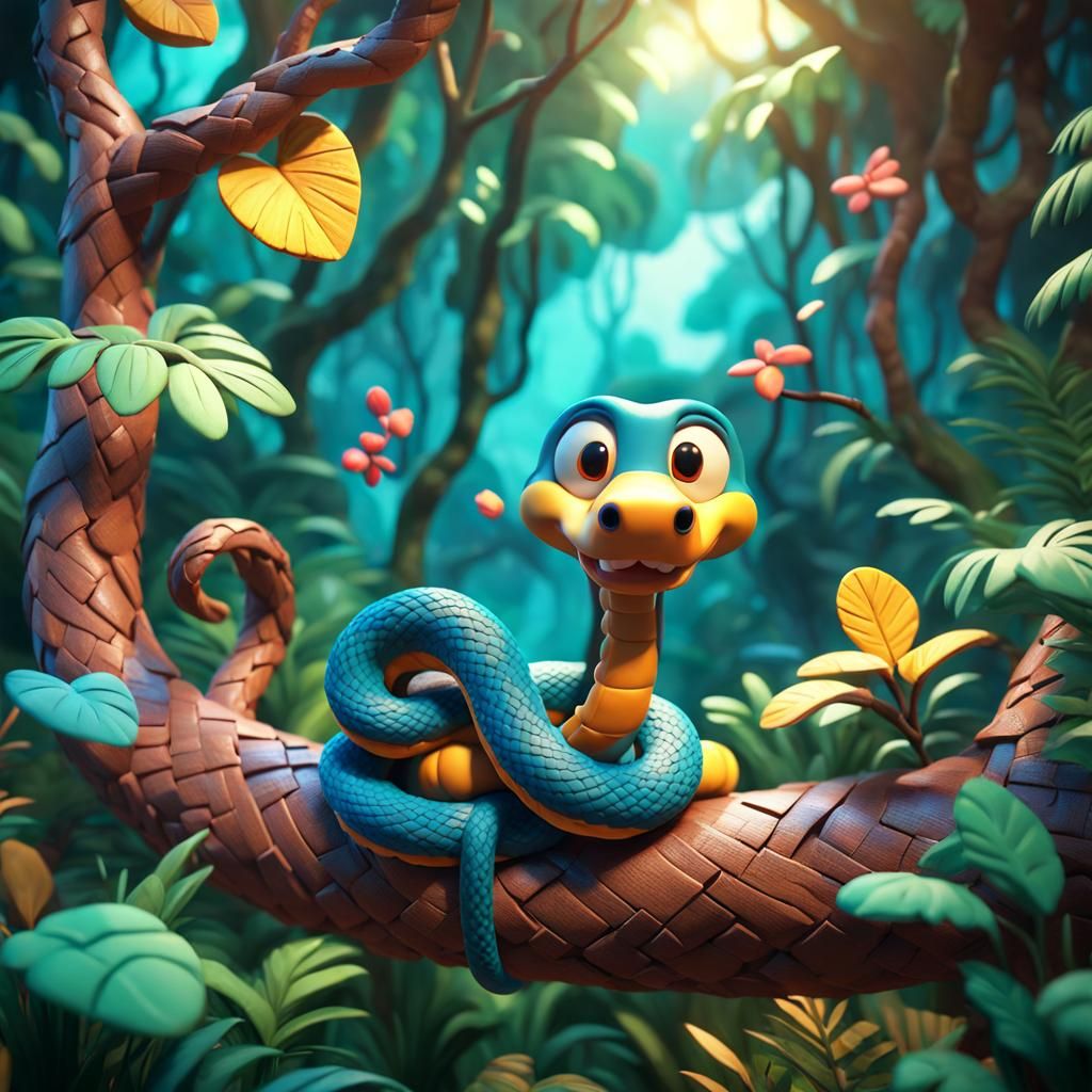 Cute Claymation Snake in Jungle Scene