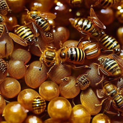 Golden Bees Swarming Honey Hive in Ghibli Style