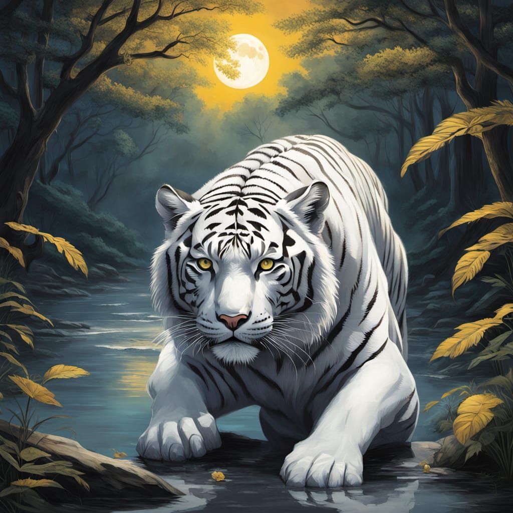 Majestic White Tiger Basks in Moonlit Tranquility