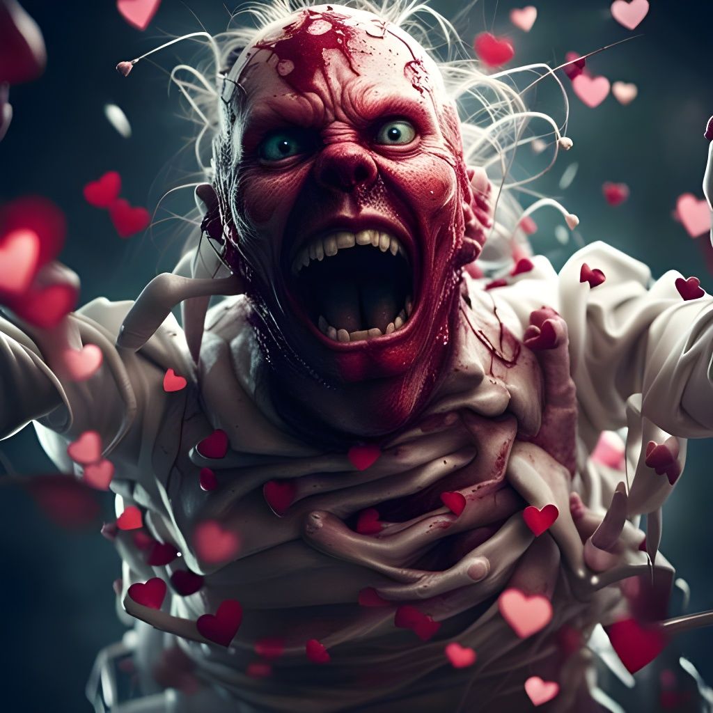 Crazy Monster in Straitjacket Surrounded by Hearts