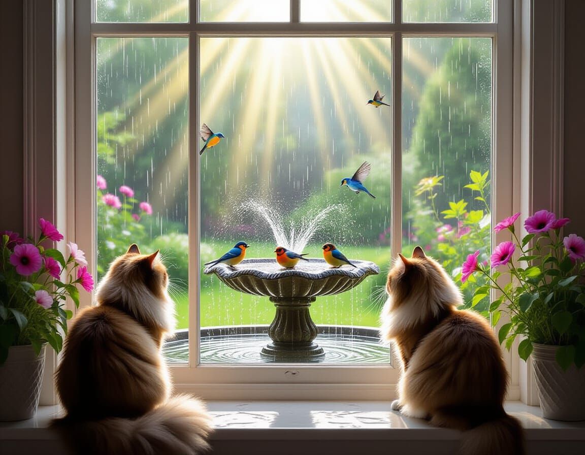 Cozy Cat Gazing at Rainy Summer Garden