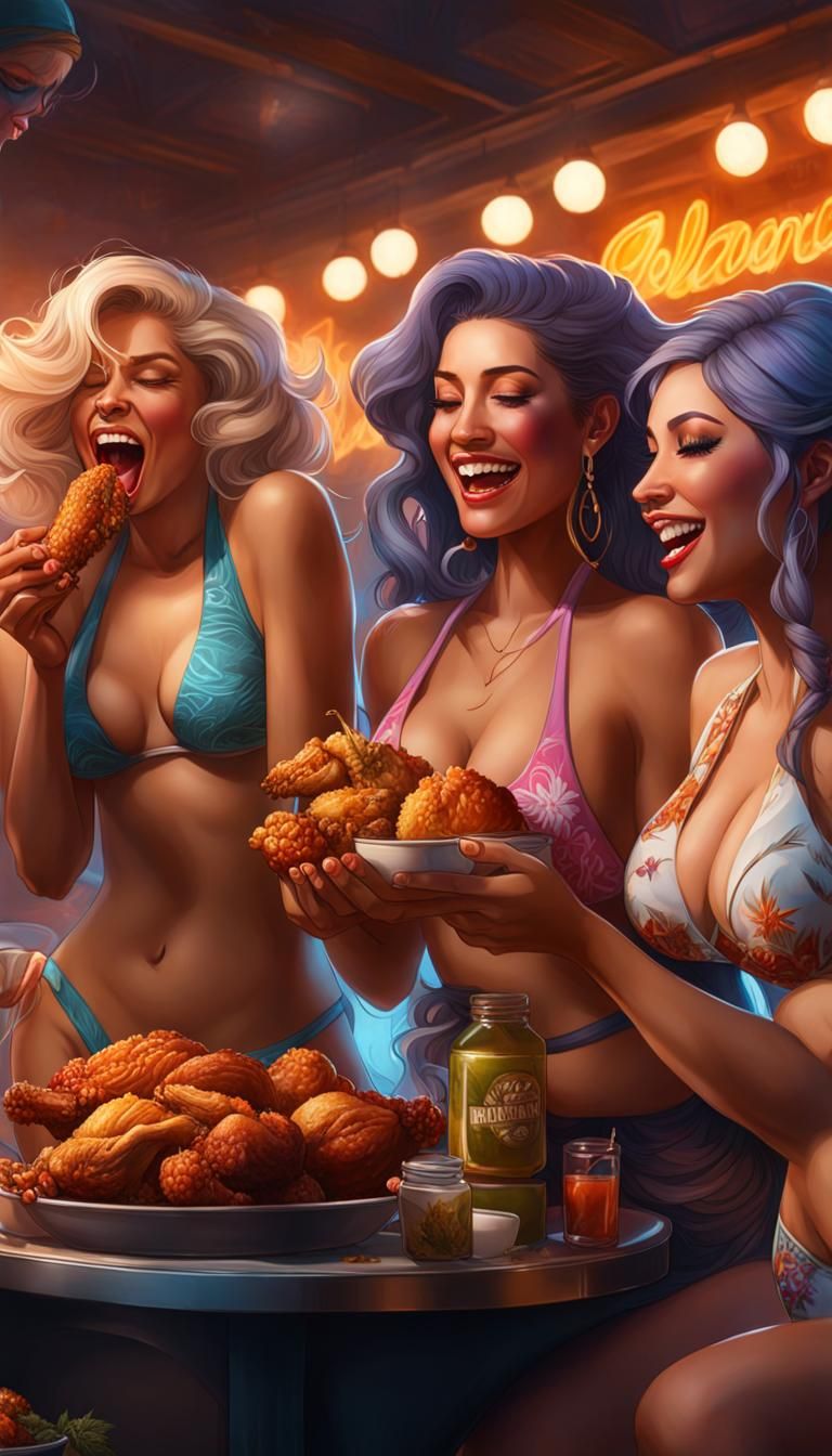 Three Bikini-clad Women Feed a Happy Old Man Fried Chicken
