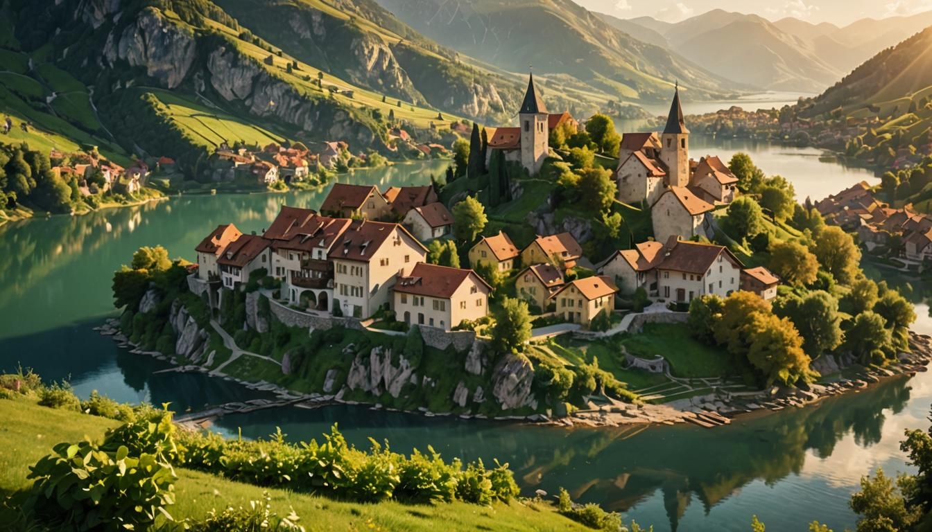 Picturesque Village Overlooking Lake in Anime Style