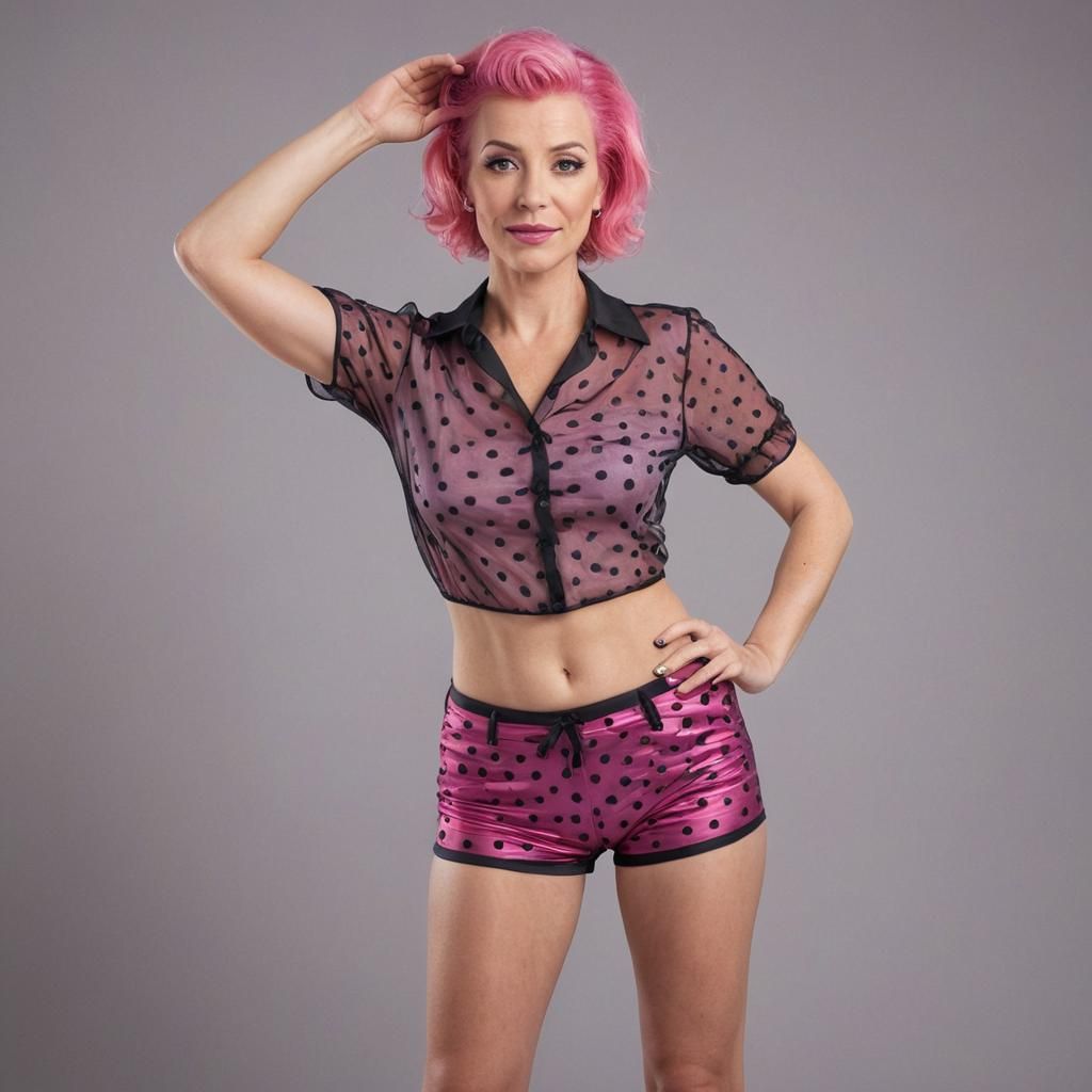Mature Woman with Pink Hair in Pink Shorts Portrait
