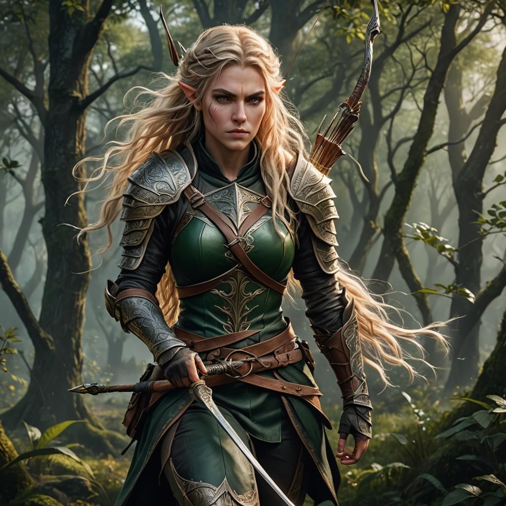 Wood Elf Warrior with Longbow: Fantasy Art