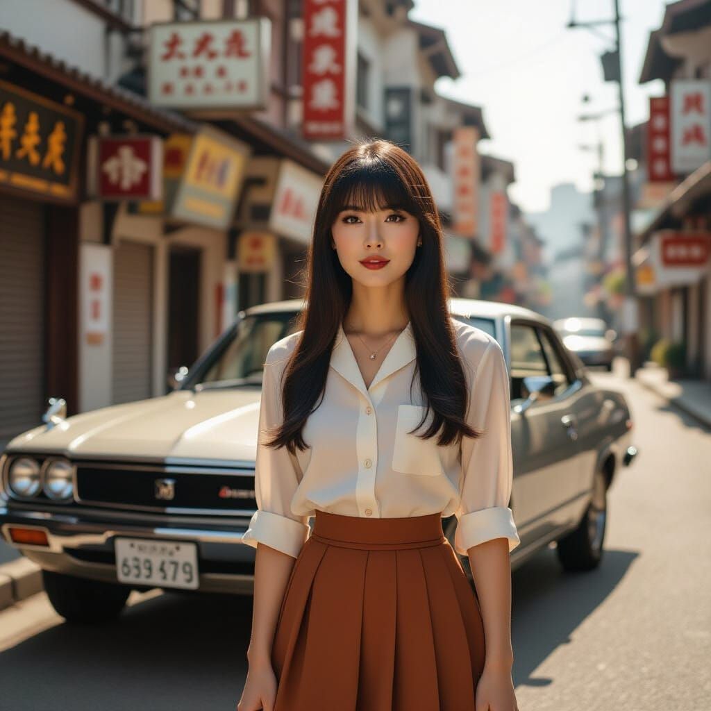 Retro Chinese Beauty on 1970s City Street