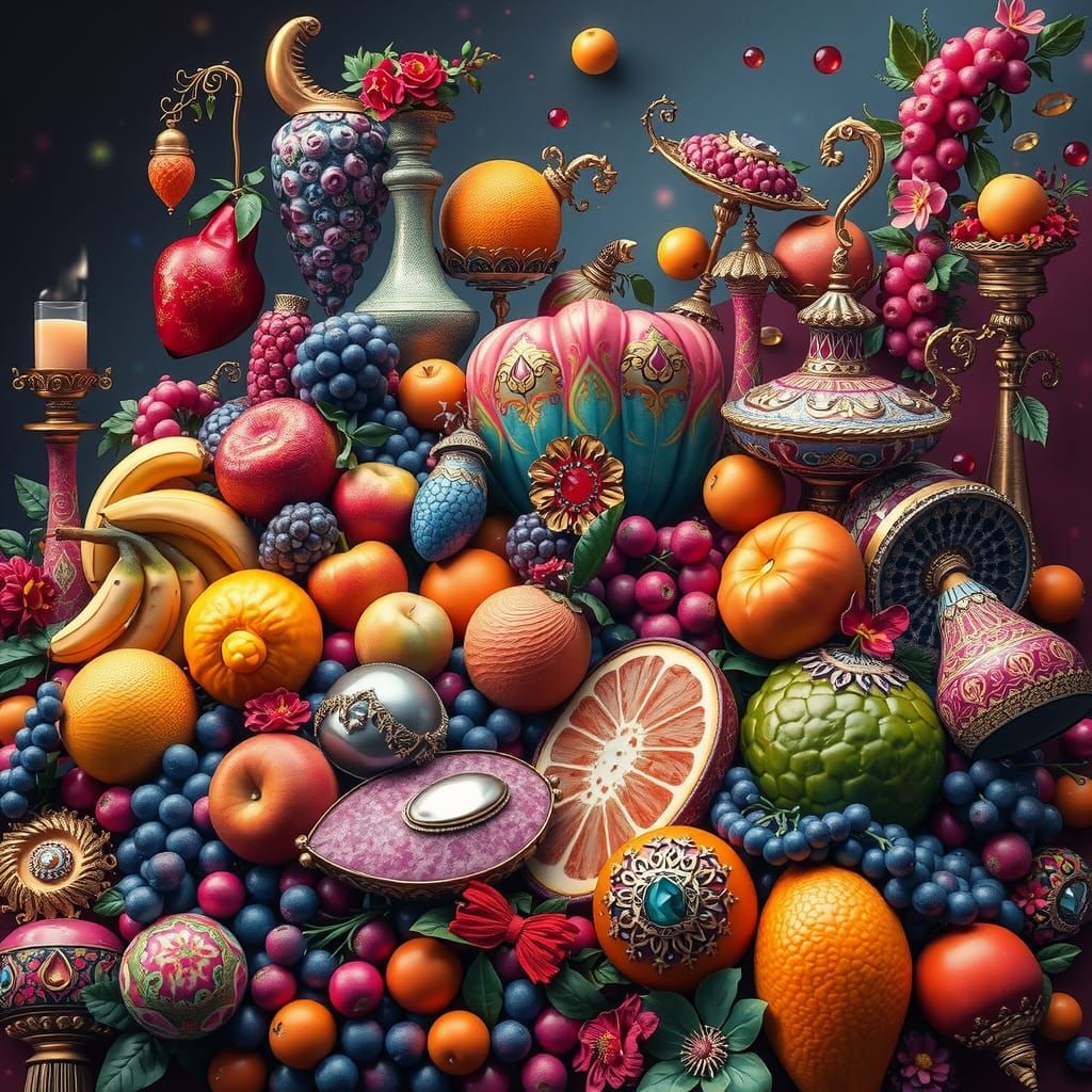 Exotic Still Life in Pointillist Style