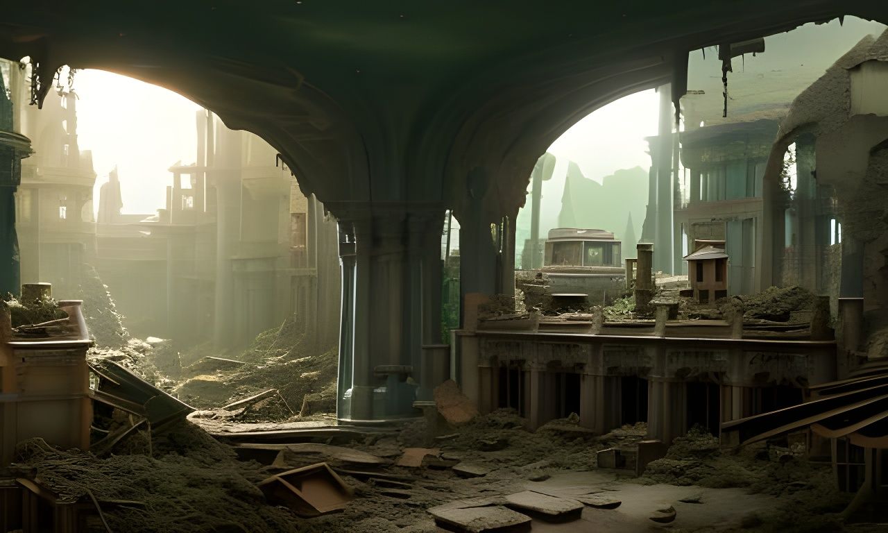 Post-Apocalyptic Bookstore Interior in Detailed Digital Matt...