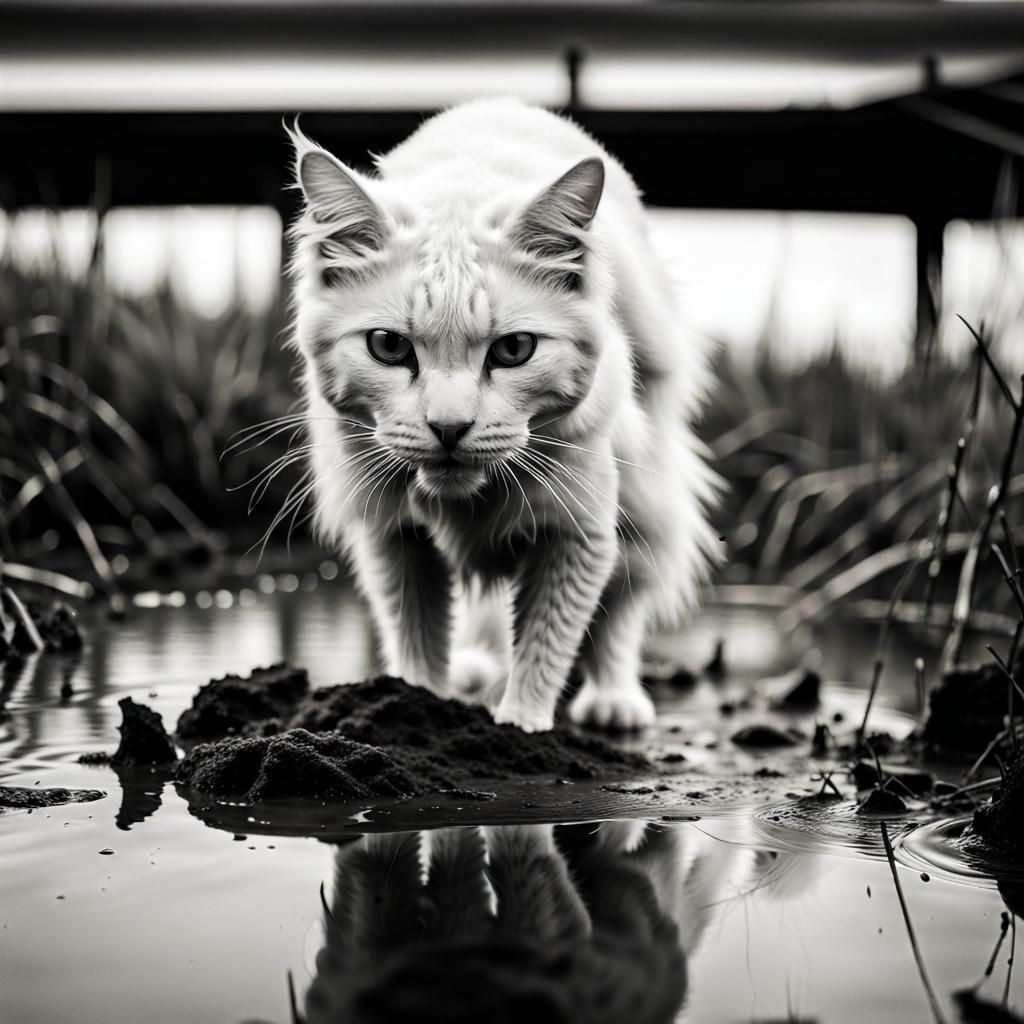 Wet White Cat Meowing by Pond: Black and White Photo