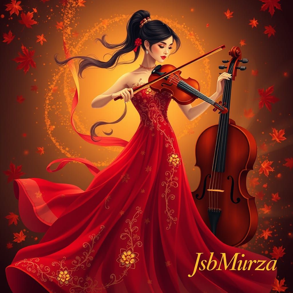 Elegant Woman in Enchanting Evening Gown Plays Violin Under ...