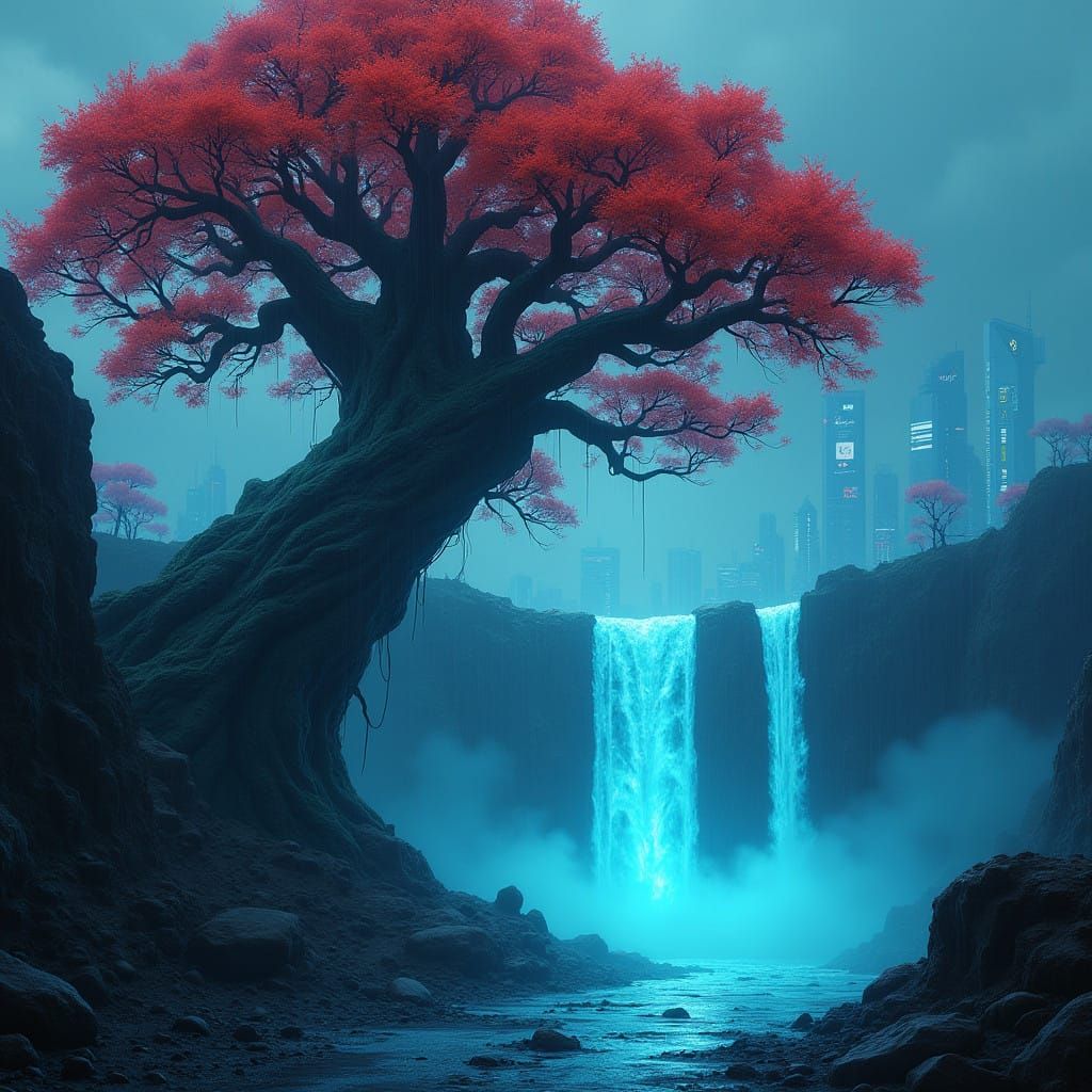 Cyberpunk Tree of Destiny Amidst Neon Waterfall