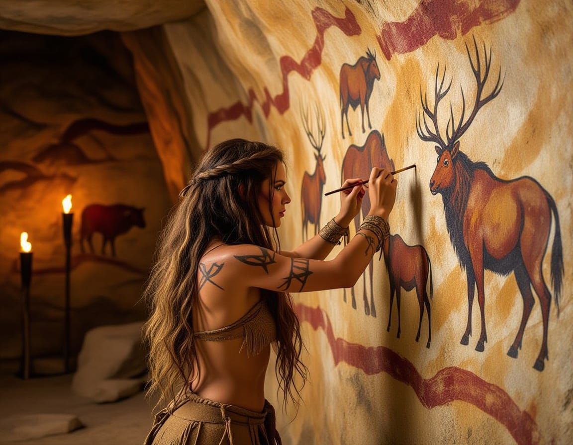 Cavewoman Painting Ancient Animals in Altamira Style