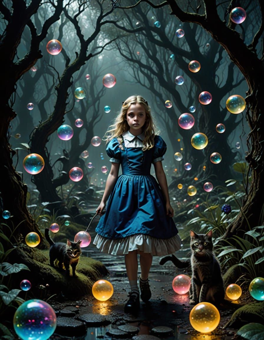Alice's Dark Wonderland: Iridescent Bubbles and Eerie Light
