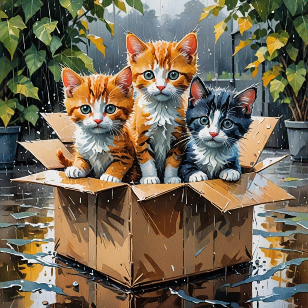 Impressionist Masterpiece of Playful Kittens in a Rainy Box