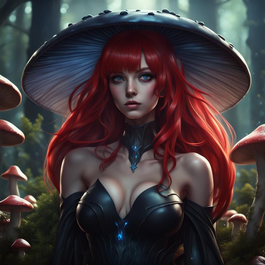 Mushroom Woman with Bat Wings in Anime Style