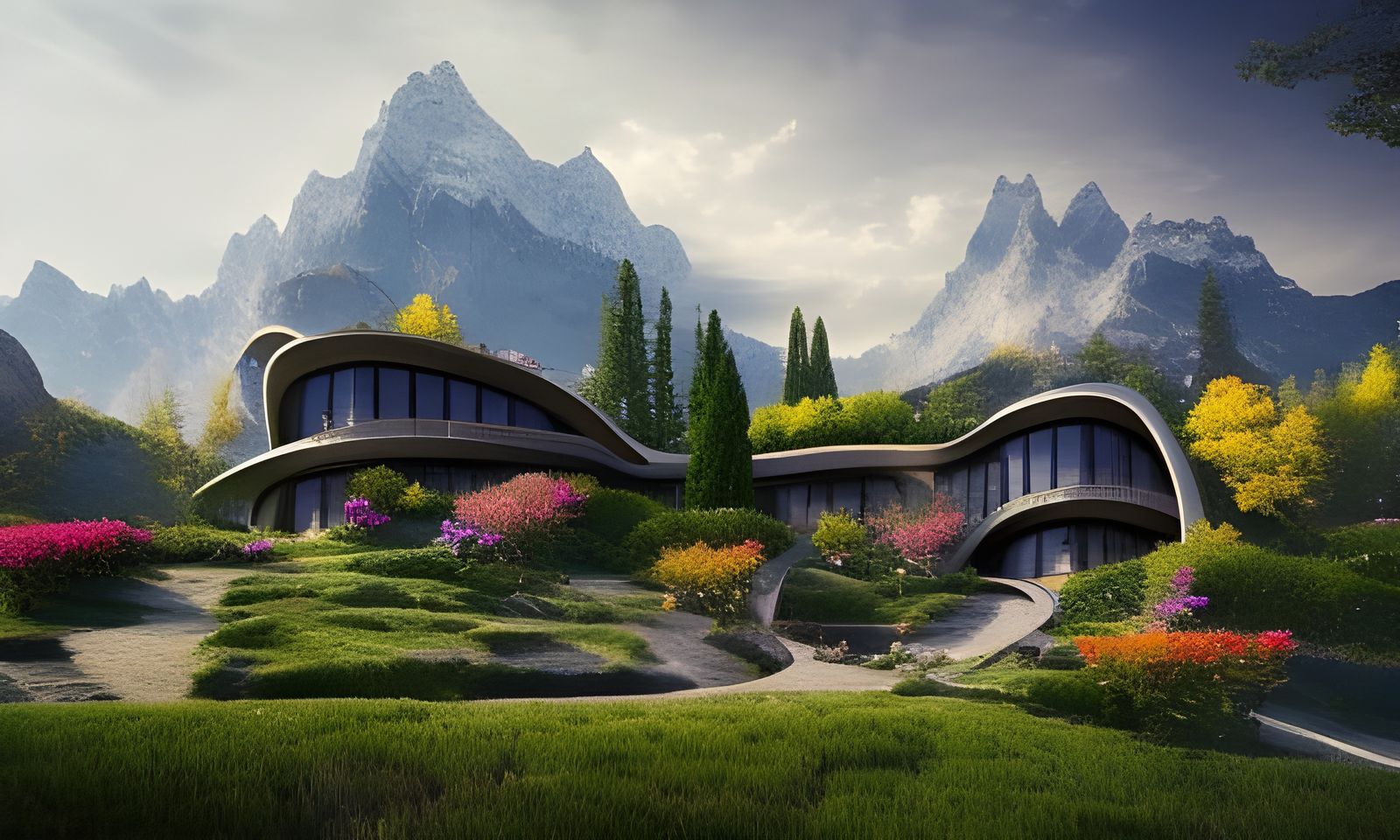 Futuristic Alpine House at Night with Flowers