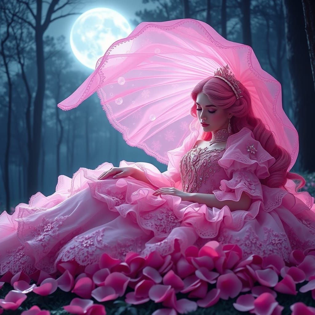 Enchanted Pink Princess Under Midnight Moonlight