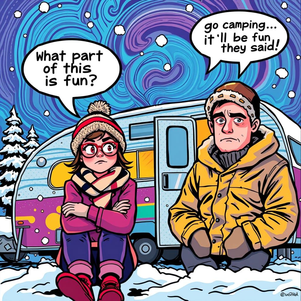 Winter Camping in Vibrant Comic Book Style
