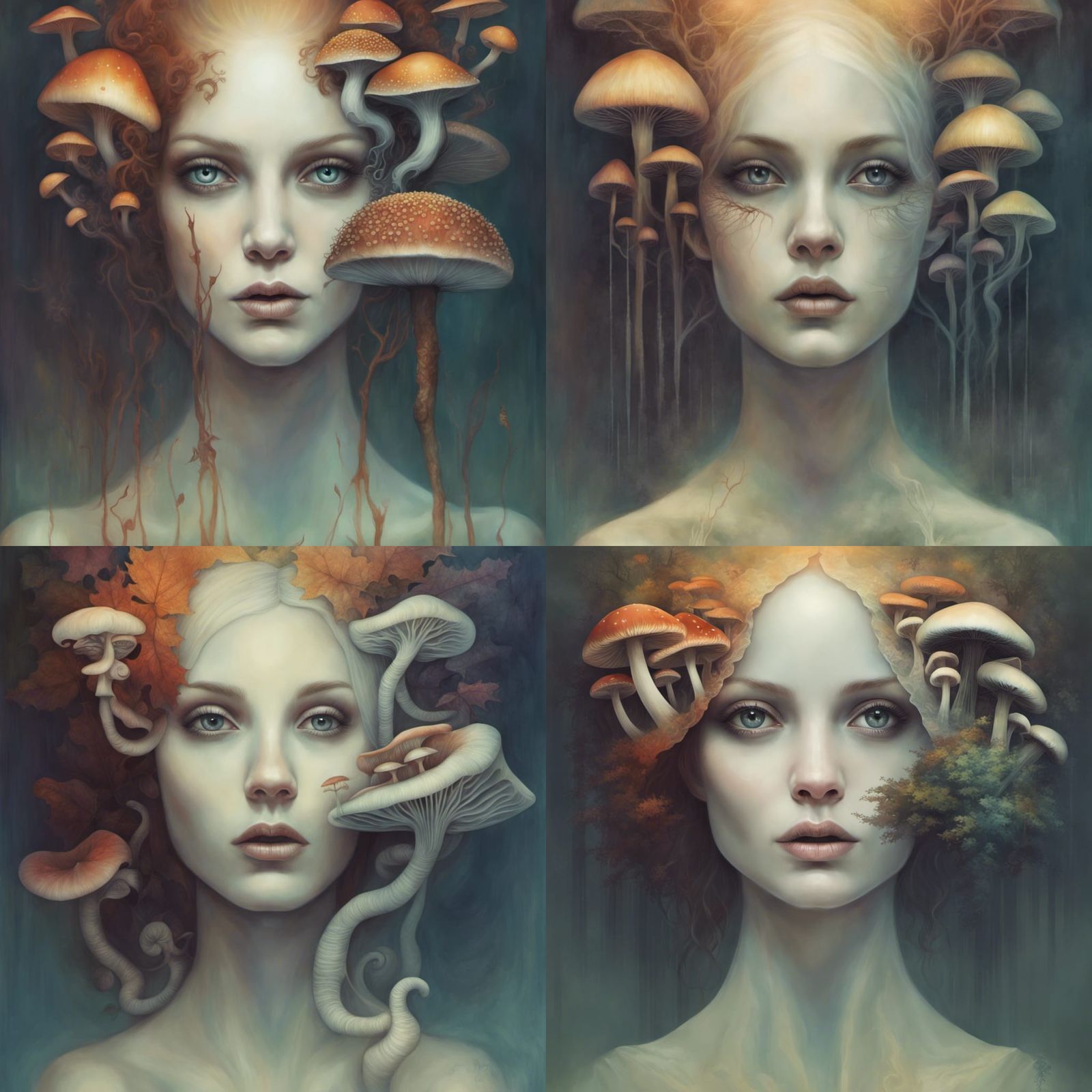 Autumn Mushrooms and Symmetrical Face, Visionary Art